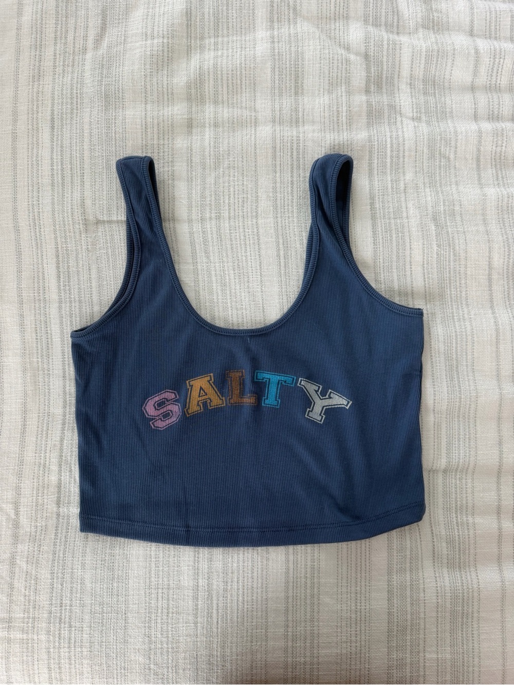 Roxy Navy Ribbed Crop Tank with 'SALTY' Graphic